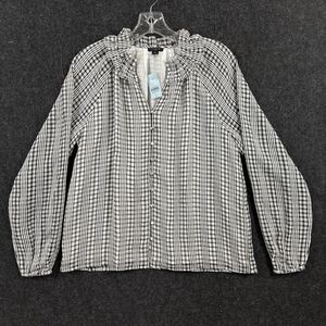 Ann Taylor Blouse Women's Small Petite Black Check Ruffle Neck Lined Long Sleeve